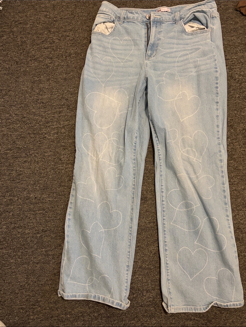 SO Light Blue Heart-Print Wide Leg Jeans